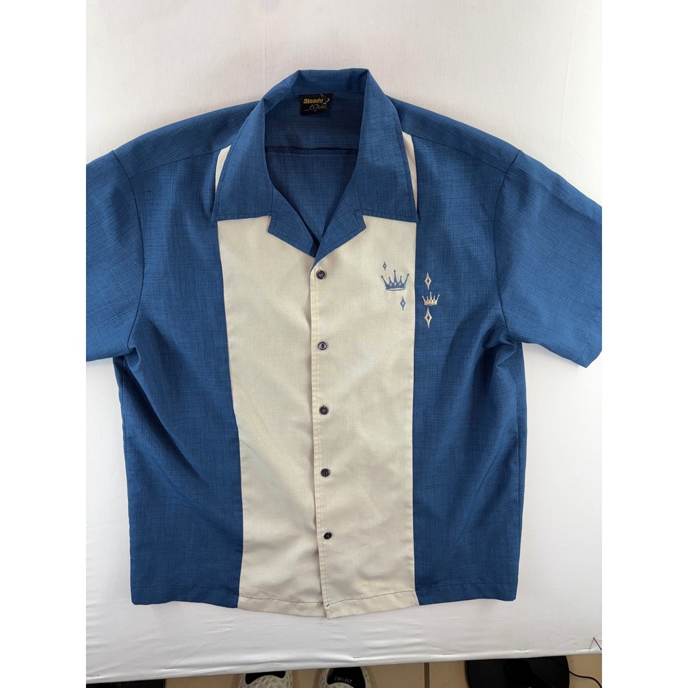 Steady Classics Mens XL Bowling Shirt Blue Cream Rockabilly Crown Made in USA